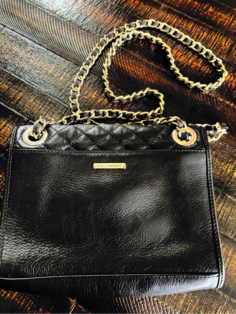 Rebecca Minkoff Black Quilted Leather and Gold Chain Crossbody